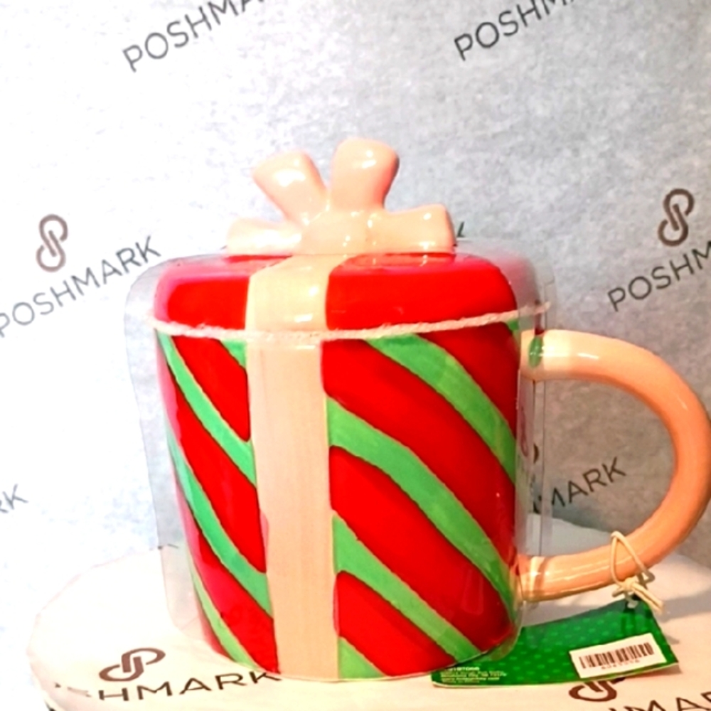 Festive Red and Green Gift Mug Red Green Pink Cup With Topper NWT